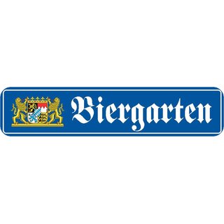 Schild Spruch "Biergarten" 46 x 10 cm Blechschild blau mit Bayern-Wappen