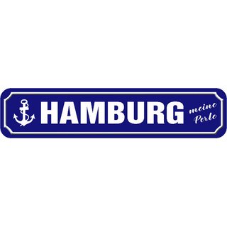 Schild Spruch "Hamburg meine Perle" 46 x 10 cm Blechschild blau mit Anker