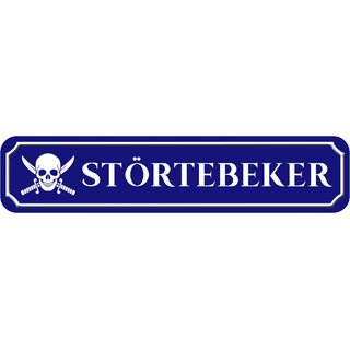 Schild Spruch "Störtebeker" 46 x 10 cm Blechschild blau mit Totenkopf