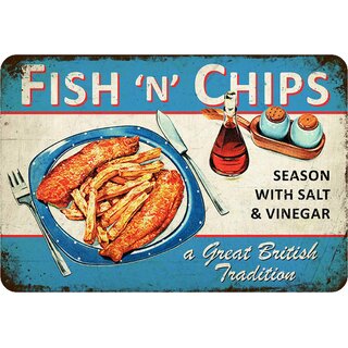 Schild Spruch "Fish n Chips, season with salt vinegar" 20 x 30 cm Blechschild