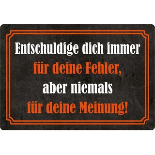 Schild Spruch "Entschuldige dich immer für Fehler, niemals für Meinung" 20 x 30 cm Blechschild