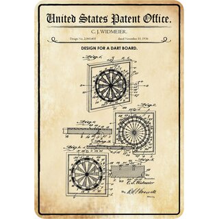 Schild Motiv "Design Dart Board, Spiel, Patent Widmeier" 20 x 30 cm Blechschild