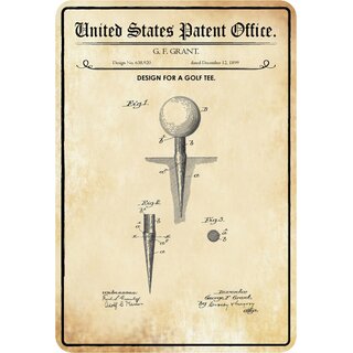 Schild Motiv "Design Golf Tee, Golfball Halterung, Grant Patent" 20 x 30 cm Blechschild