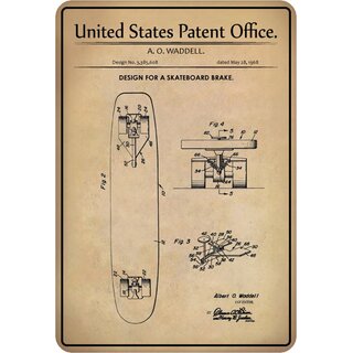 Schild Motiv "Design for a Skateboard Brake, Waddell 1968 Patent" 20 x 30 cm Blechschild