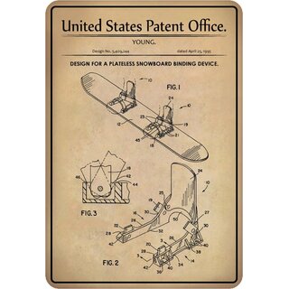 Schild Motiv "Design for a Plateless Snowboard Binding Device, Patent" 20 x 30 cm Blechschild