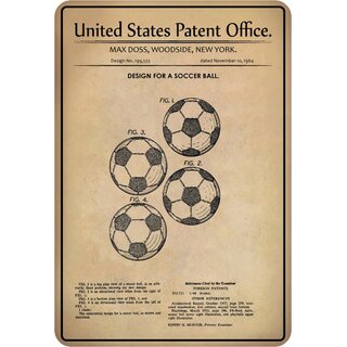 Schild Motiv "Design for a soccer Ball, Fußball New York Patent" 20 x 30 cm Blechschild