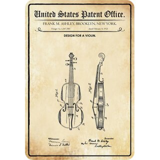Schild Motiv "Design for a violin, Violine Streichinstrument Patent" 20 x 30 cm Blechschild