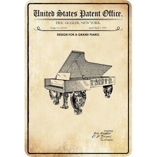 Schild Motiv "Design for a Grand Piano, Flügel Klavier Patent" 20 x 30 cm Blechschild