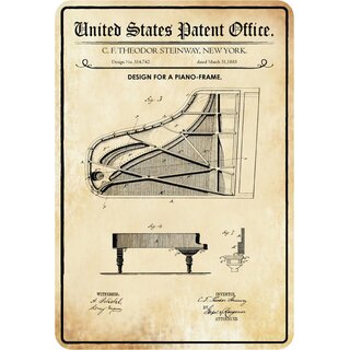 Schild Motiv "Design for a piano-frame, Klavier Flügel Patent" 20 x 30 cm Blechschild