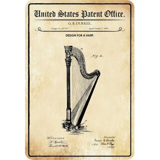 Schild Motiv "Design for a Harp, Harfe Patent" 20 x 30 cm Blechschild