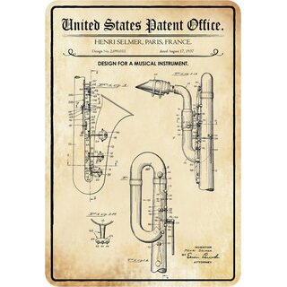 Schild Motiv "Design for musical instrument, Blasinstrument Patent" 20 x 30 cm Blechschild