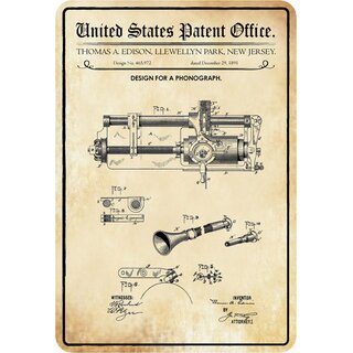 Schild Motiv "Design for a phonograph, New Jersey Patent" 20 x 30 cm Blechschild