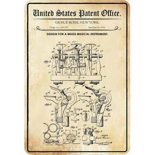 Schild Motiv "Design for a Brass Musical Instrument, Blechblasinstrument Patent" 20 x 30 cm Blechschild
