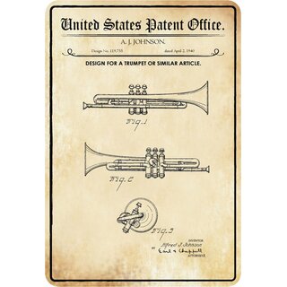 Schild Motiv "Design for a trumpet, Blasinstrument Trompete Patent" 20 x 30 cm Blechschild