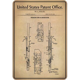Schild Motiv "Design for a bassoon, Blasinstrument Patent" 20 x 30 cm Blechschild