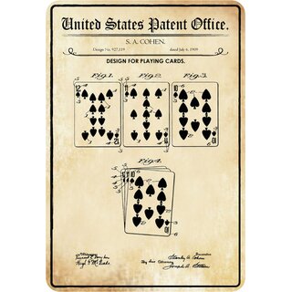 Schild Motiv "Design for playing card, Spielkarten Patent" 20 x 30 cm Blechschild
