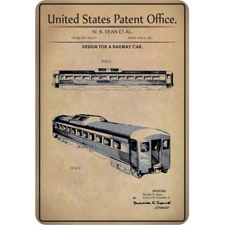 Schild Motiv "Design for a railway car, Eisenbahnwagen Patent" 20 x 30 cm Blechschild