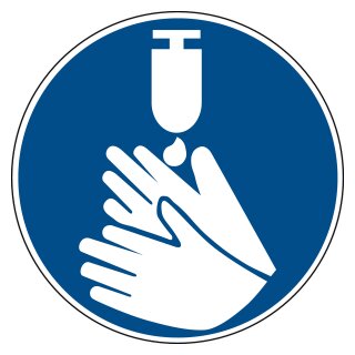 Gebotszeichen "Hände desinfizieren" praxisbewährt, Folie selbstklebend, Ø 50 mm, 6 Stück/Bogen