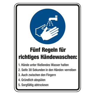 Kombischild Gebotszeichen "5 Regeln zum Händewaschen" Kunststoff, 150 x 200 mm