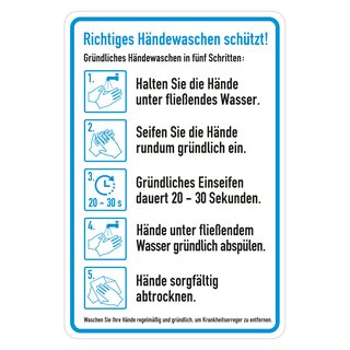 Hinweisschild Anleitung "Richtiges Händewaschen schützt!", Folie selbstklebend, 135 x 200 mm
