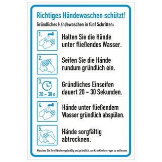 Hinweisschild Anleitung "Richtiges Händewaschen schützt!", Kunststoff, 200 x 300 mm
