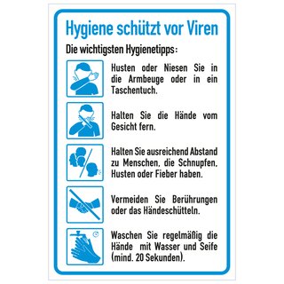 Hinweisschild Verhaltensregeln "Hygiene schützt vor Viren", Kunststoff, 135 x 200 mm