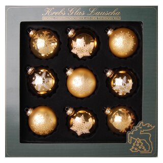 Weihnachtskugeln Gold mit Schneeflocken 9 Stück/Set, Ø 8 cm