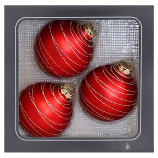 Weihnachtskugeln rot matt mit Glitterdeko 3 Stück/Set, Ø 8 cm Weihnachtsdeko