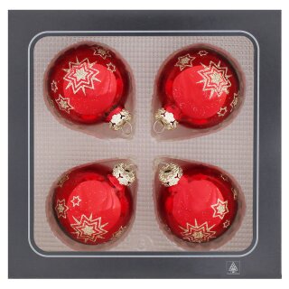 Weihnachtskugeln rot glänzend mit Sternen 4 Stück/Set, Ø 6 cm Weihnachtsdeko
