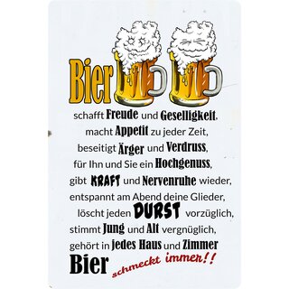 Schild Spruch "Bier schafft Freude, schmeckt immer" 20 x 30 cm Blechschild