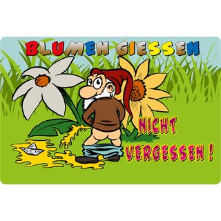 Schild Spruch "Blumengiessen nicht vergessen" Zwerg 20 x 30 cm Blechschild