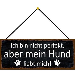 Schild Spruch "bin nicht perfekt, aber Hund liebt mich" 27 x 10 cm Blechschild mit Kordel