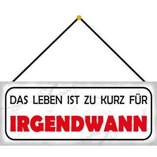 Schild Spruch "Leben zu kurz für irgendwann" 27 x 10 cm Blechschild mit Kordel