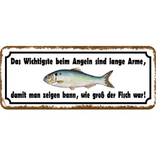 Schild Spruch "Angeln, lange Arme, zeigen wie groß Fisch war" 27 x 10 cm