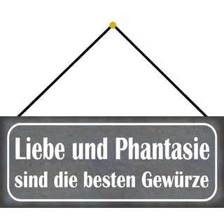 Schild Spruch "Liebe und Phantasie sind besten Gewürze" 27 x 10 cm Blechschild mit Kordel