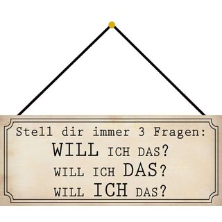 Schild Spruch "3 Fragen - will ich das" 27 x 10 cm Blechschild mit Kordel