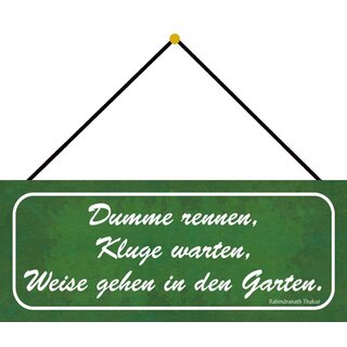 Schild Spruch "Dumme rennen, Kluge warten, Weise gehen Garten" grün 27 x 10 cm Blechschild mit Kordel