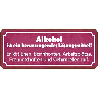 Schild Spruch "Alkohol Lösungsmittel - Ehen, Bankkonten, Freundschaften" 27 x 10 cm 