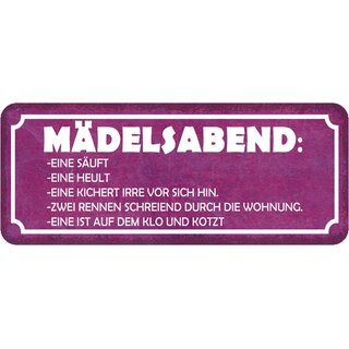 Schild Spruch "Mädelsabend - säuft, heult, kichert, schreiend, kotzt" 27 x 10 cm 