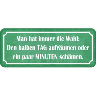 Schild Spruch "Wahl: halben Tag aufräumen, paar Minuten schämen" 27 x 10 cm