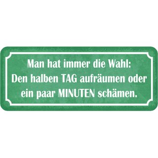 Schild Spruch "Wahl: halben Tag aufräumen, paar Minuten schämen" 27 x 10 cm 