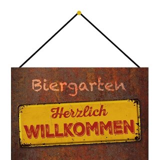 Schild Spruch "Biergarten Herzlich Willkommen Rostoptik" 20 x 30 cm Blechschild mit Kordel
