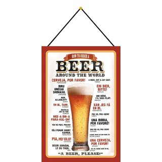 Schild Spruch "How to order a beer around the world, beer please" 20 x 30 cm Blechschild mit Kordel