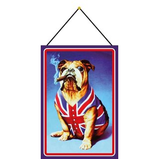 Schild Motiv Hund mit England Flagge und Zigarre 20 x 30 cm Blechschild mit Kordel