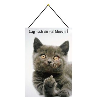 Schild Spruch "Sag noch ein mal Muschi" Katze 20 x 30 cm Blechschild mit Kordel