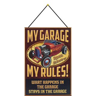 Schild Spruch "My garage, my rules, stays in garage" 20 x 30 cm Blechschild mit Kordel