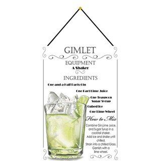 Schild Cocktailrezept "Gimlet, Equipment, Ingredients, Mix" weiß 20 x 30 cm Blechschild mit Kordel
