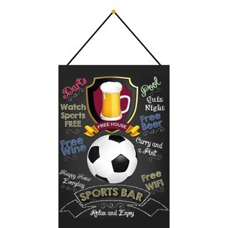 Schild Spruch "Sports Bar, relax and enjoy, Beer free house" Fußball 20 x 30 cm Blechschild mit Kordel