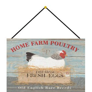Schild Motiv "Home Farm Poultry, old english rare breeds" Huhn 20 x 30 cm Blechschild mit Kordel 