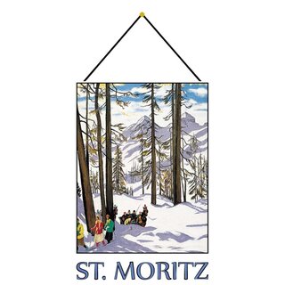 Schild Gemeinde "St. Moritz" Winter Schnee Ski 20 x 30 cm Blechschild mit Kordel